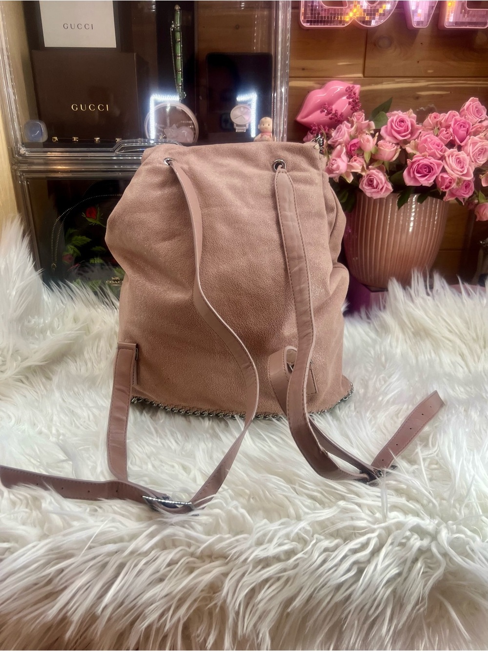Stella McCartney Pink Suede Chain-Trim Drawstring Backpack - Picture 2 of 16